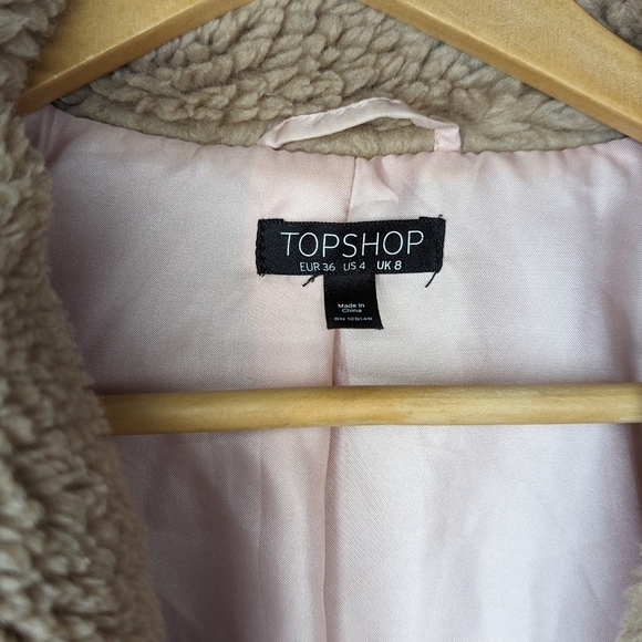 Topshop Tan Brown Teddy Mid Length Oversized Cozy Jacket with Pockets Sz 4 - Picture 3 of 11